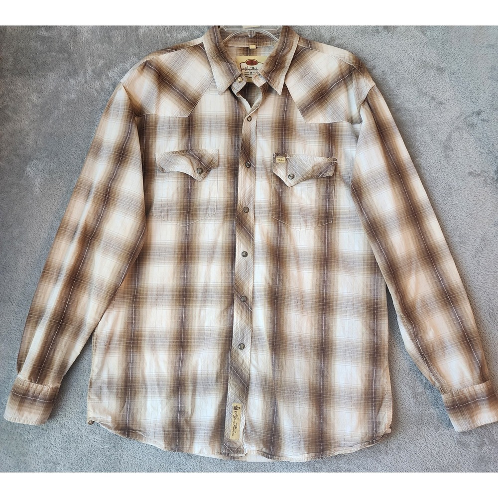 Larry Mahan Shirt Mens XL Brown Plaid Pearl Snap Western Cowboy Long Sleeve